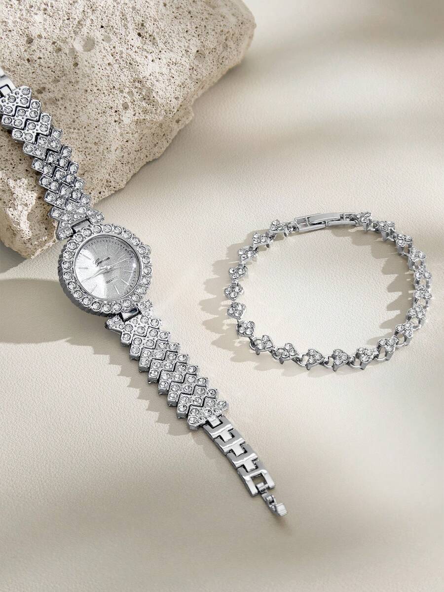 Opalesca 2pcs Or 1pc Bracelet Set, Elegant And Luxury Women's Quartz Watch Set, Includes Silver Diamond-Encrusted Quartz Watch And Full Diamond Bracelet. - Silver - View 1