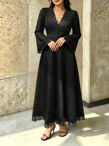 SHEIN LUNE CURVE V-Neck Flared Long Sleeve Cinched Waist A-Line Lace Trim Patchwork Design Elegant Knit Dress Fall - Black - View 6