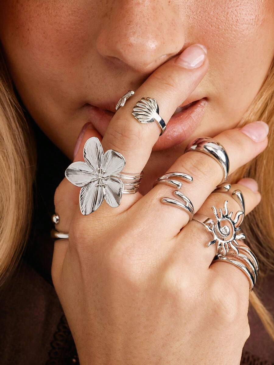 Nocturel 8pcs/Set Silver-Plated Bohemian Sunflower, Flower, Shell, Starfish Stackable Rings Set, Suitable For Vacation, Adult Gift - Silver - View 1