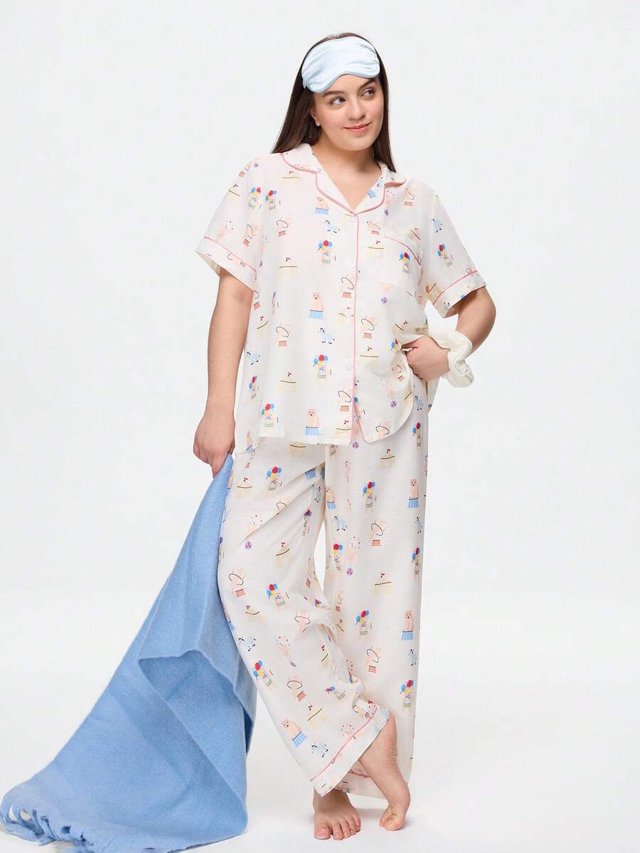 Bonmuse Funny Cartoon Print Short Sleeve & Pants Pajama Set, Plus Size - Multicolor - View 1