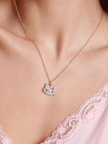 HELLO KITTY AND FRIENDS | SHEIN 時尚金色鋅合金鑲鑽項鍊，卡通肖像設計，適合日常配戴，適合所有臉型，創意禮物，適用於派對、節日、情人節 - 彩色 - 查看 2