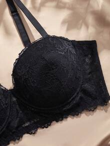 Charlaine Sutiã Sexy de Renda Plus Size com Bojo e Aro, Push-Up, Efeito Minimizador, 1 Peça - Preto - Visão 4