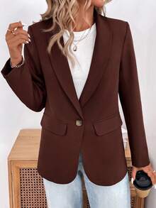 SHEIN LUNE 2024秋冬新款灰綠色女款收腰鈕扣西裝外套，休閒風 - 棕色 - 查看 7