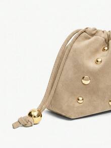 Maija Ladies Fashionable Elegant Simple Personalized Gold Rivet Khaki Suede Pumped Rope Clutch Bag, Daily Commuter Dating Party Afternoon Tea - Khaki - View 5