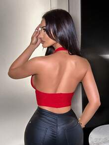 SHEIN SXY Plus Size Red Criss-Cross Backless Knit Halter Top Sexy Going Out Club Night Summer - Red - View 2