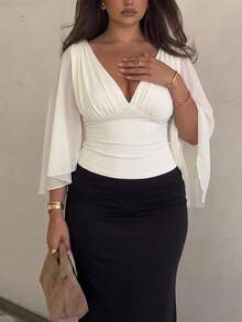 SHEIN Tall CURVE Plus Size Elegant Commuter Solid Color Split Hem Shirt - White - View 5