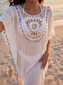 SHEIN فستان تغطية الشاطئ بتصميم الشرابات للنساء - أبيض - مشاهدة 2
