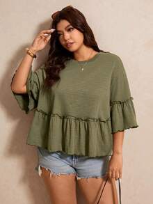 Elaquor Plus Size Solid Color Loose Fit Ruffle Trim T-Shirt Women's Tops And Blouses Casual Simple Boho Outfits Vacation Olive Green Summer - Green - View 6