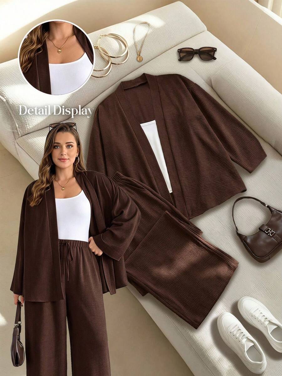 Shapeblank Plus-Size Women's Brown Autumn Smart Casual Everyday Long-Sleeved Cardigan & Elastic Waist Wide-Leg Pant Set,Loose Comfortable Two Pieces Work Outfits