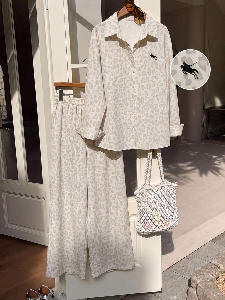 SHEIN EZwear 大尺碼女款豹紋馬術長袖上衣與長褲兩件套 - 彩色 - 查看 1