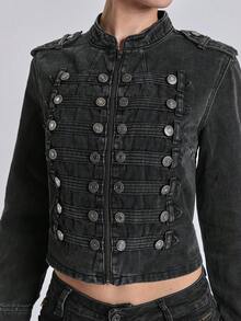 ACID BLVD Spring/SummerblackVintage Distressed Denim Jacket With Nautical Punk Metal Buckle Closure - Black - View 5
