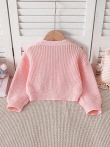 SHEIN Playful Pals Cardigan Lengan Panjang Kasual Leher V Warna Polos untuk Anak Perempuan - Baby Pink - View 2
