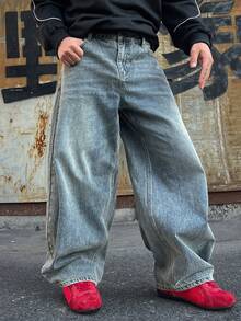 DAZY Spring/Autumn Blue Washed Denim Distressed Yellow Curved Pocket Loose Fit Streetwear Men's Jeans - Blue - View 6
