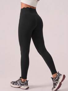 SHEIN Dewbera Women's Solid Color Slim Fit Elastic Waist Lace Trim Comfortable Sports Long Pants - Black - View 4
