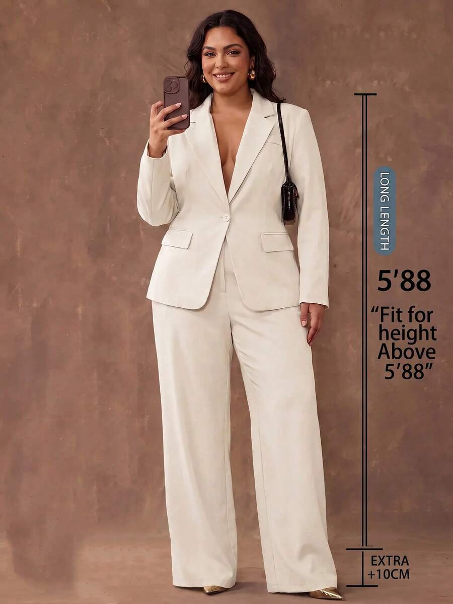 SHEIN Tall CURVE 大尺碼夾克長褲套裝 白色 夏季 職場確認款 優雅商務休閒 - 杏色 - 查看 1