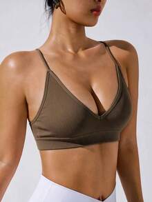 Slayform Slayform Women's Olive Green Seamless Cleavage Sports Sporty Athleisure Tank Top Gym Summer - Brown - View 3