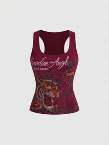 ROMWE Grunge Punk Women's Letter & Tiger Print Fitted Versatile Top - Burgundy - View 1