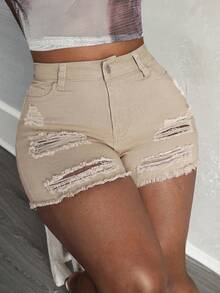 Slaydiva Plus Size Women Pockets Distressed Raw Hem Casual Denim Shorts - Khaki - View 2