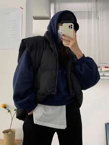 DAZY Women's Solid Color Hooded Oversized Cropped Sweatshirt Fall - Navy Blue - View 3