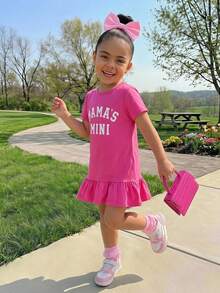 SHEIN Gaun Kasual Rajut Warna Polos Motif Huruf Leher Bulat untuk Anak Perempuan - Hot Pink - View 4