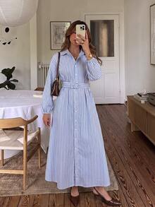 Serisse Women's Striped Long Sleeve Single-Breasted Casual Shirt Midi Dress - Blue and White - View 4