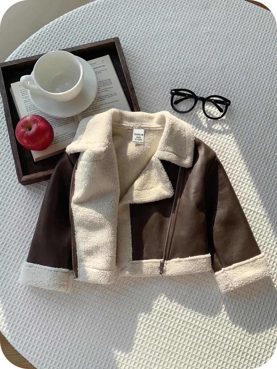 SHEIN 女嬰秋冬可愛百搭拼接色保暖內裡人造毛外套 - 鏽棕色 - 查看 1