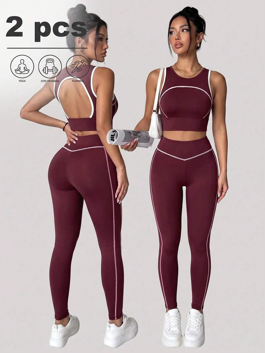 SHEIN Velisys Women's Backless Tank Top And Leggings Sports Set - Burgundy - View 1