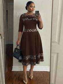 SHEIN Lady CURVE Plus Size Women's Patchwork Leopard Print Round Neck 3/4 Sleeve Elegant Dress - Brown - View 1
