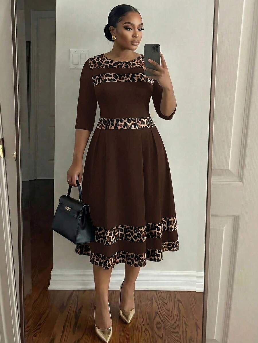 SHEIN Lady CURVE Plus Size Women's Patchwork Leopard Print Round Neck 3/4 Sleeve Elegant Dress - Brown - View 1