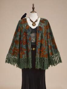 ROMWE Velvet Printed Pattern Hippie Style Mori Girl Tassel Decor Plus Size Jacket - Green - View 1