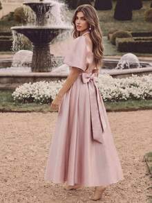 Savoree Women's Solid Color Asymmetric Neckline Ruched Elegant Dress - Pink - View 2