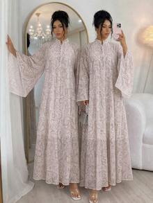 Rafferiza Gaun Wanita Gaya Arab, Sari Chiffon Bermotif Gelombang Air Geometris, Kerah Tegak Kecil Longgar Aneka Warna, Lengan Mengembang - Putih - View 7