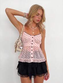 Sundraya Conjunto Feminino 2 Peças Regata Aberta com Poá Rosa & Saia Preta - Multicolorido - Visão 4