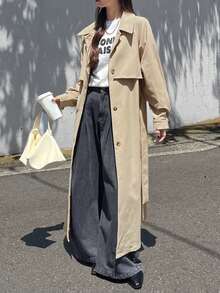 FRIFUL Women's Autumn Solid Khaki Belted Long Trench Coat - Khaki - View 3