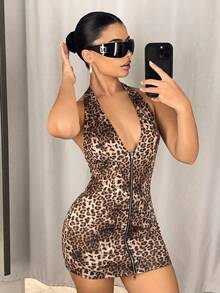 SHEIN ICON 女款時尚豹紋拉鍊掛脖性感洋裝 - 酒紅色 - 查看 4