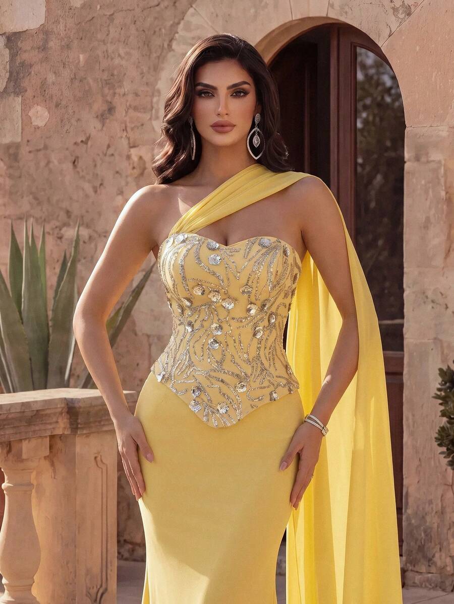 Coutiva Women's Elegant Party Sequin Patchwork Mermaid Tail Evening Dress