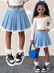SHEIN Young Girl Fashion Versatile Woven Solid Color Pleated Fitted Casual Lace Bow Decor Skirt - Blue - View 1