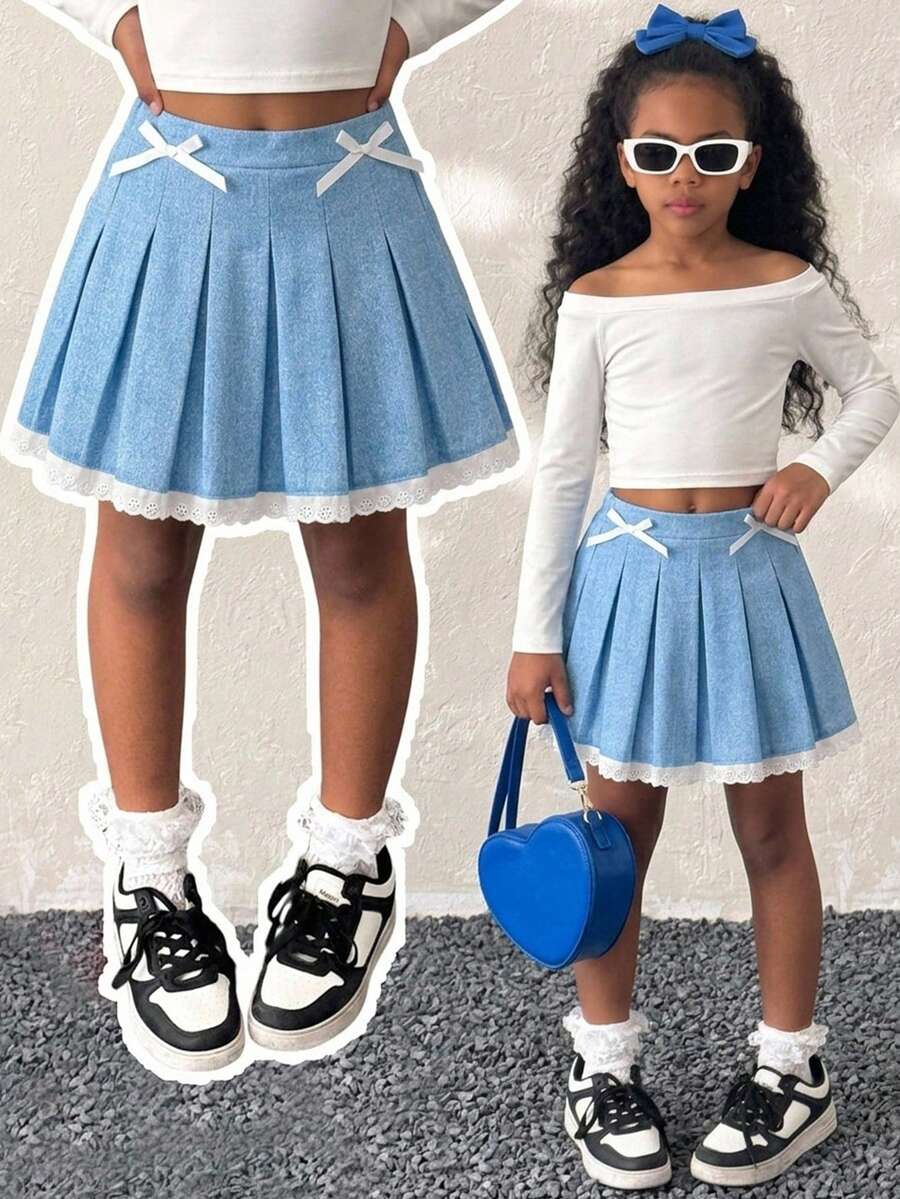 SHEIN Young Girl Fashion Versatile Woven Solid Color Pleated Fitted Casual Lace Bow Decor Skirt - Blue - View 1