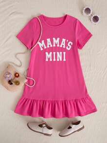 SHEIN Gaun Kasual Rajut Warna Polos Motif Huruf Leher Bulat untuk Anak Perempuan - Hot Pink - View 6