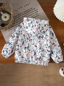 SHEIN Young Girl Girls' Floral Print Long Sleeve Fuzzy Warm Jacket, Comfortable Casual Winter Fall - Multicolor - View 2
