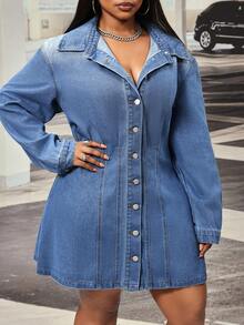 Slaydiva Plus Size Cowgirl Outfit Blue Non-Stretch Button-Front Sexy Fitted Dress For Women - Medium Wash - View 4