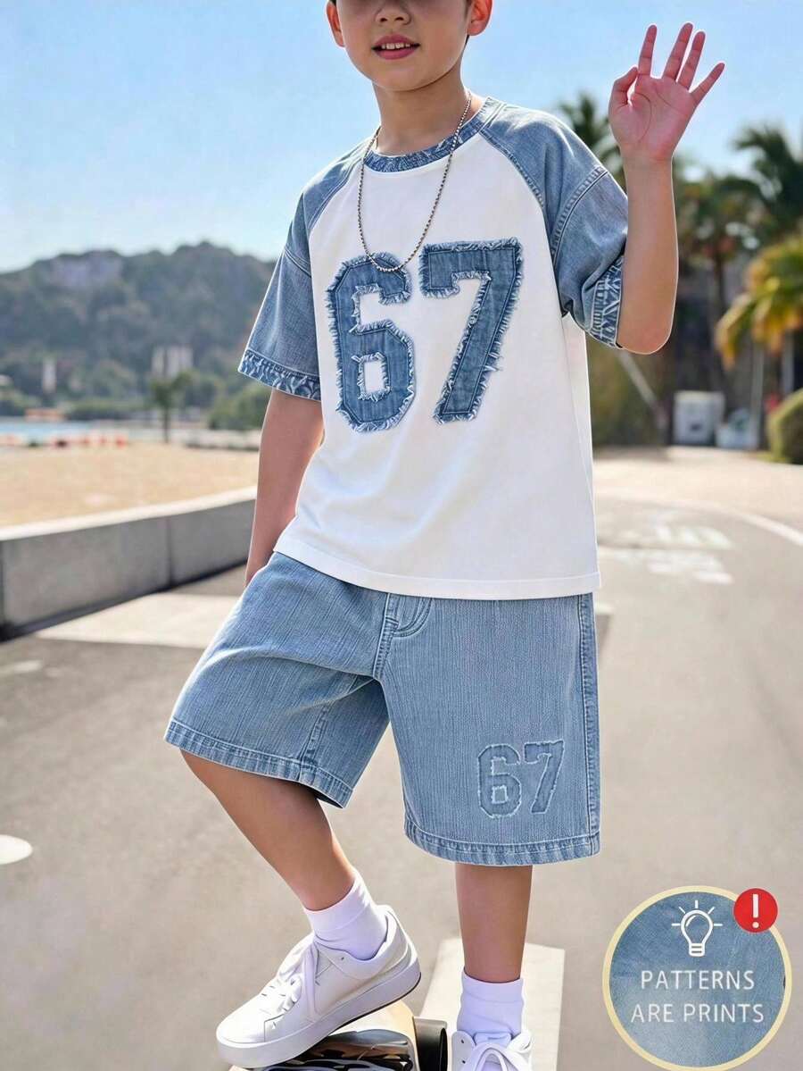 Teen Boy Casual Minimalist Short Sleeve Crew Neck T-Shirt And Shorts Set, Suitable For Summer - Multicolor - View 1