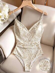 Franclia Bodysuit Ukuran Besar Motif Digital Renda Imitasi Warna Polos - Aprikot - View 1