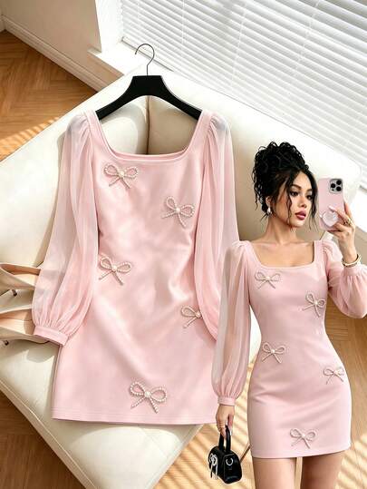 GlowEve Gaun Mini Wanita Leher Persegi, Lengan Panjang Mengembang Transparan, Dekorasi Pita Mutiara, Desain Pendek A-Line Pas Badan, Gaun Mini Manis dan Elegan, Cocok untuk Pesta, Kencan, dan Pakaian Sehari-hari