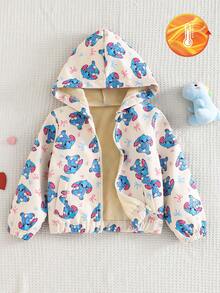 SHEIN Elladie kids 女童連帽拉鍊夾克，可愛藍色兔子與蝴蝶結印花，保暖內裡，袖口與下擺收口，適合戶外、開學季、秋冬穿著 - 彩色 - 查看 1