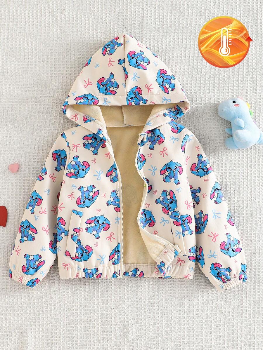 SHEIN Elladie kids 女童連帽拉鍊夾克,可愛藍色兔子與蝴蝶結印花,保暖內裡,袖口與下擺收口,適合戶外、開學季、秋冬穿著 - 彩色 - 查看 1