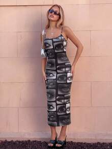 SHEIN ICON Eye & Lip Print Cami Bodycon Dress - Multicolor - View 3