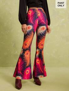 LOTSLUV Women's Early Summer Commute Party Vacation, Multicolor Base With Feather Pattern, Knitted Slim Fit Wide Leg Pants Boho 70s,Women's Pants - Multicolor - View 1