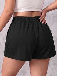 SHEIN Unity Plus Size Women Solid Color Drawstring Waist Casual Versatile Daily Shorts - Black - View 2