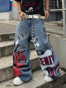 STEELVANCE 男士 Y2K 復古水洗寬鬆寬腿牛仔褲，字母與數字圖案印花嘻哈街頭風丹寧長褲（不含腰帶與配件） - 淺色水洗藍 - 查看 7